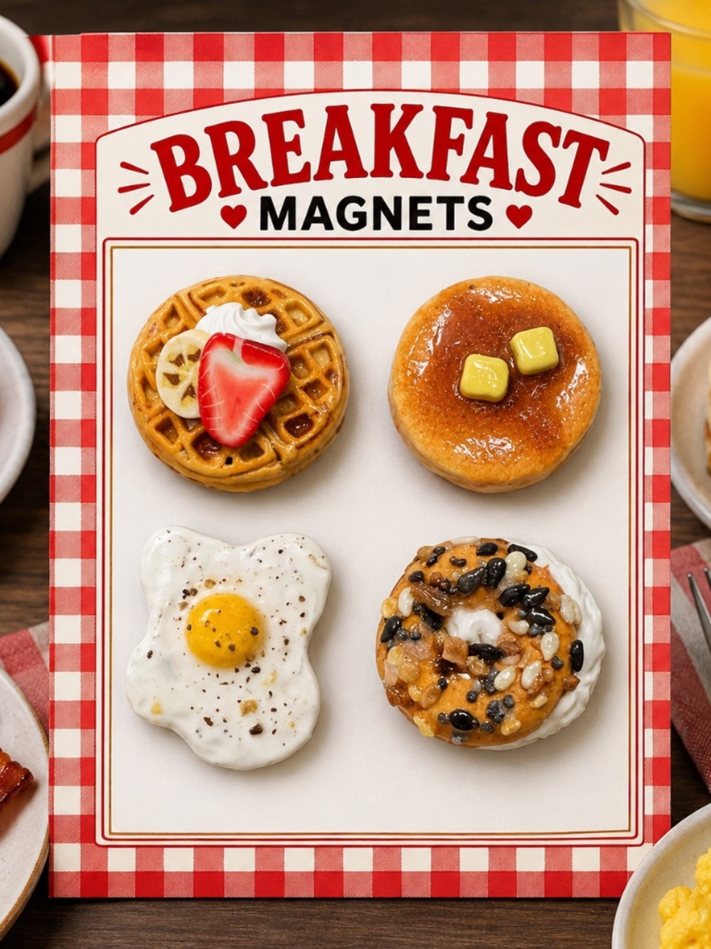 Breakfast Food Magnet Set of 4 | Handmade Waffle, Pancake, Egg, Everything Bagel